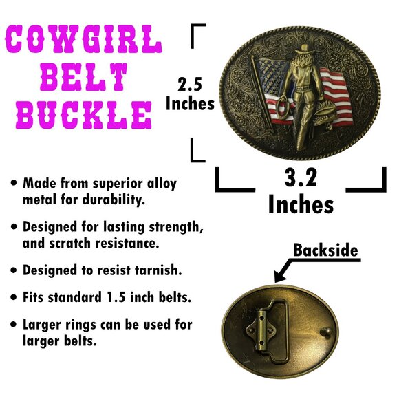 Cowgirl Belt Buckle and USA Flag Brooch Christmas Tin Set Western Buckles Rodeo - Picture 2 of 16